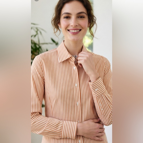 Loro Piana Tops - Loro Piana Rust and Cream Striped Button-Down Shirt